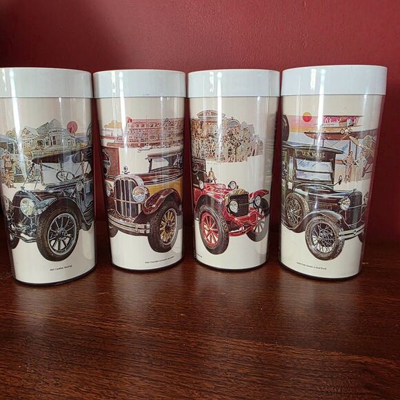 Set of 4 Vtg Plastic Tumblers Classic Cars Roadster, Cadillac, Mail & Fire Truck - Picture 1 of 16